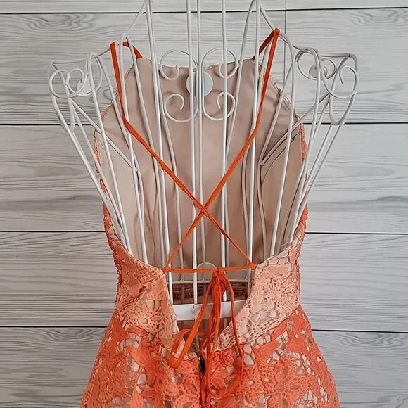 A.Peach crocheted lace halter dress in sunburnt orange Women's Size S - Picture 6 of 12